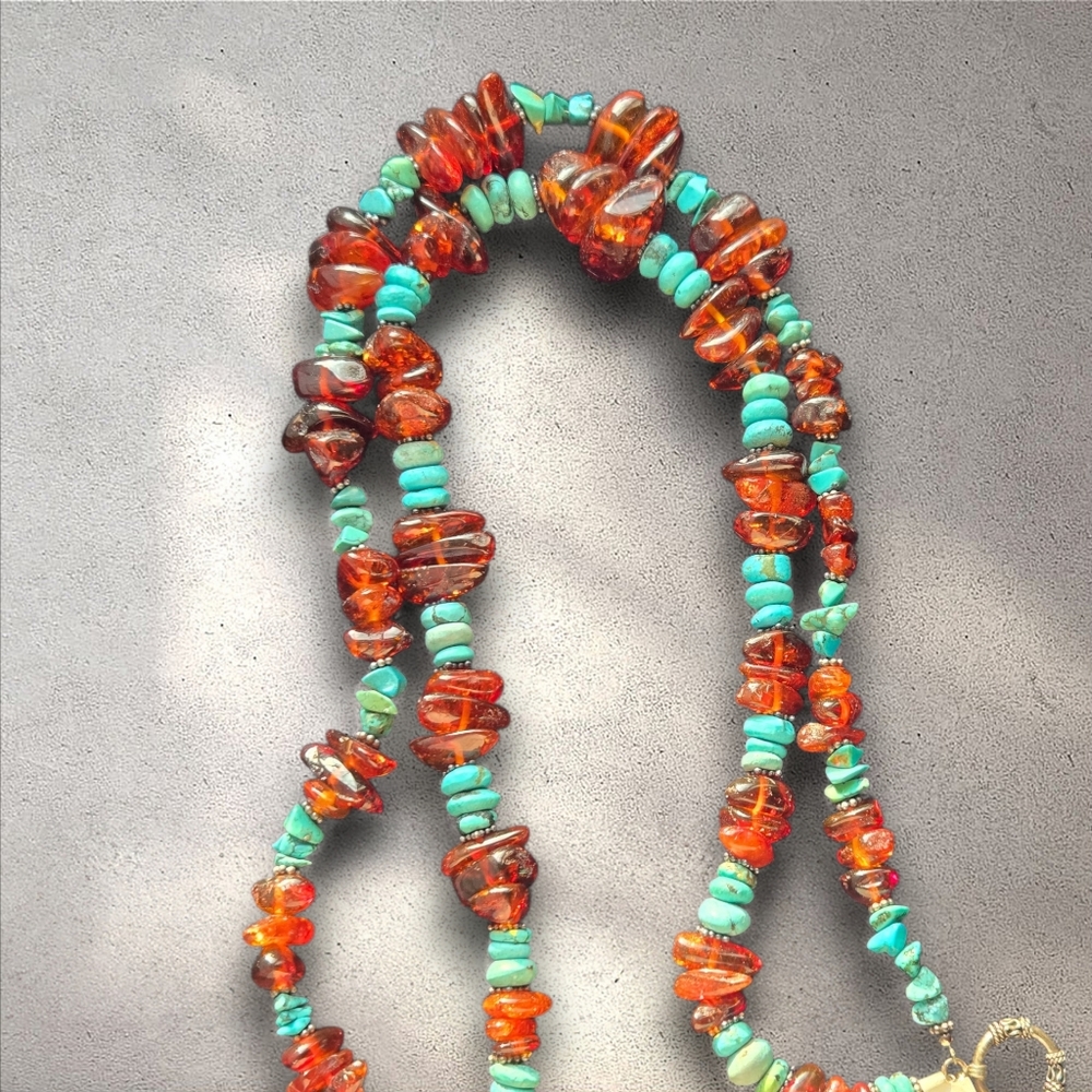 Vtg. Amber and Turquoise Beaded Necklace